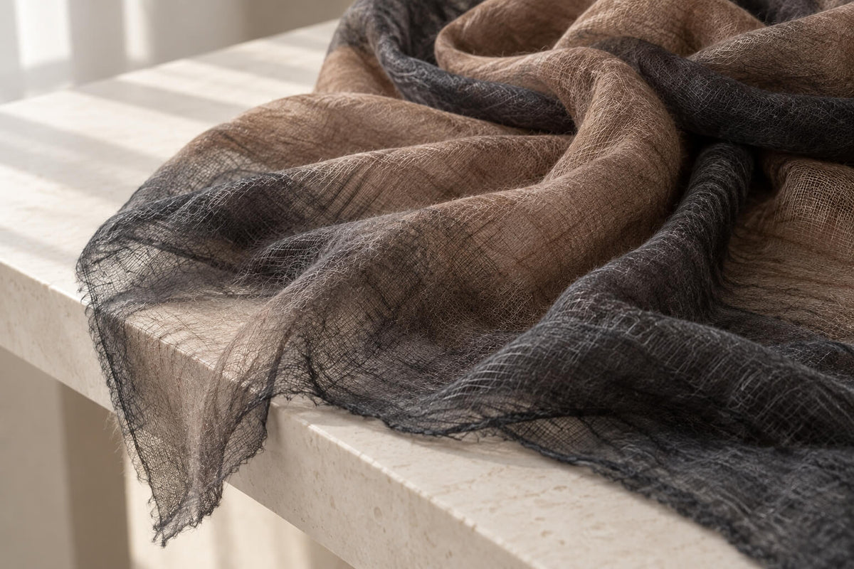 Close-up of an Avelorie taupe and charcoal cashmere scarf, showing its semi-sheer weave and soft folds.