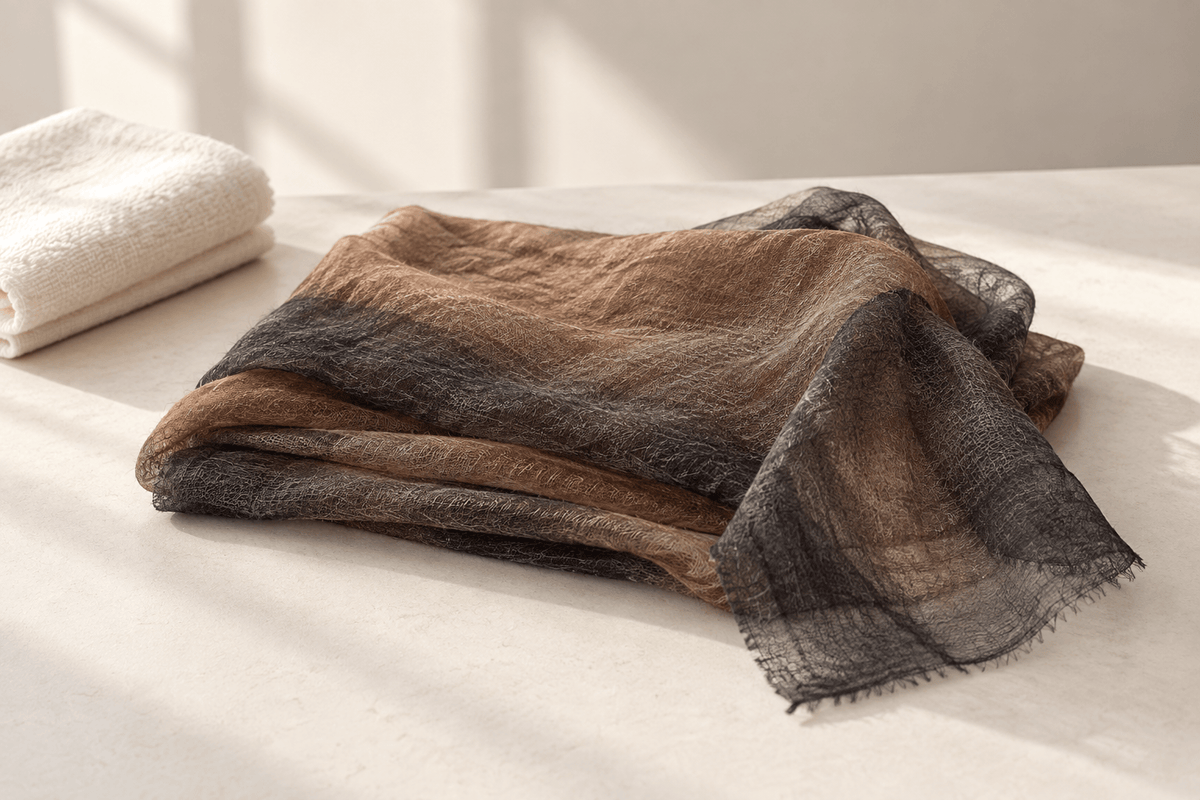 A loosely folded taupe and charcoal cashmere scarf beside a clean ivory towel.