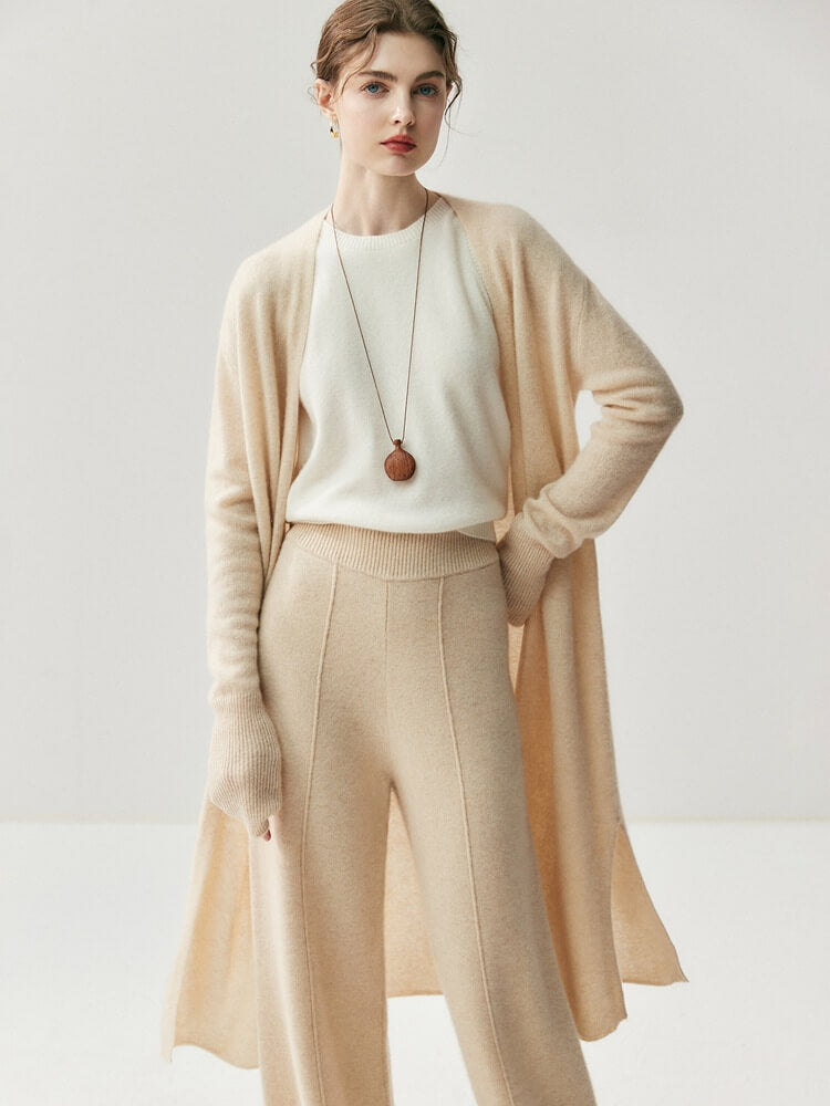 100% Cashmere Longline Cardigan – Relaxed Side-Slit Knit Coat | Avelorie