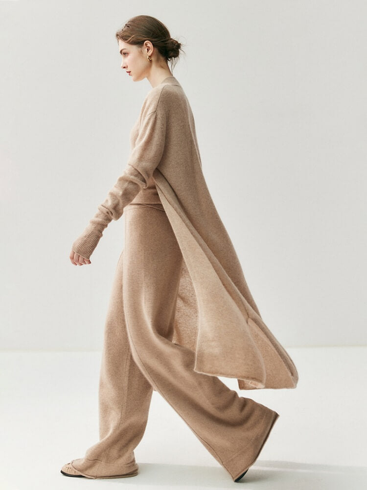 100% Cashmere Longline Cardigan – Relaxed Side-Slit Knit Coat | Avelorie