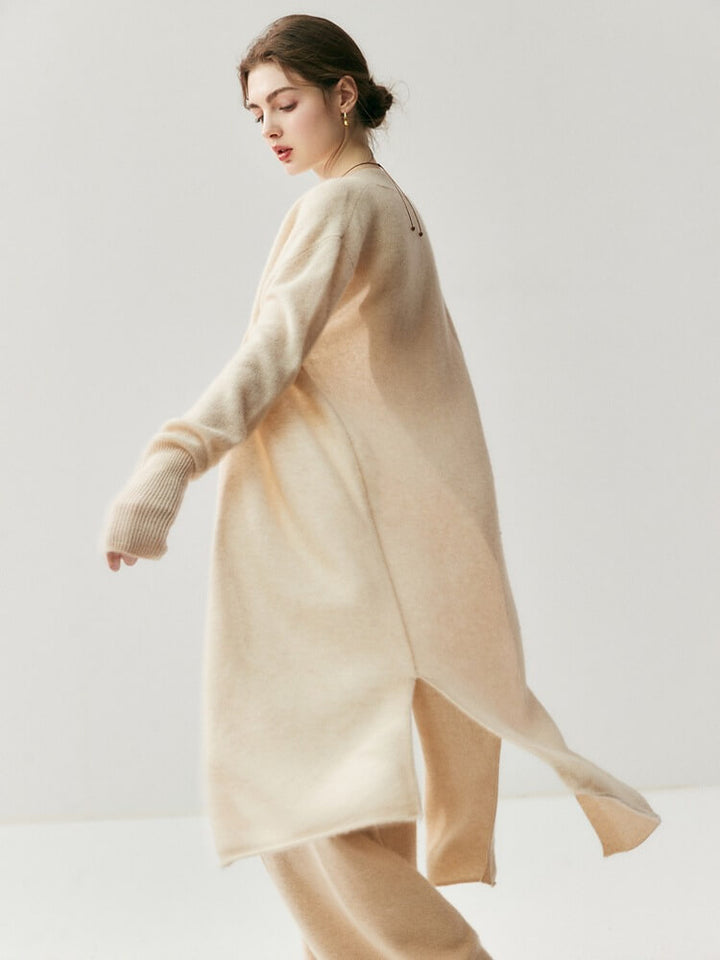 100% Cashmere Longline Cardigan – Relaxed Side-Slit Knit Coat | Avelorie