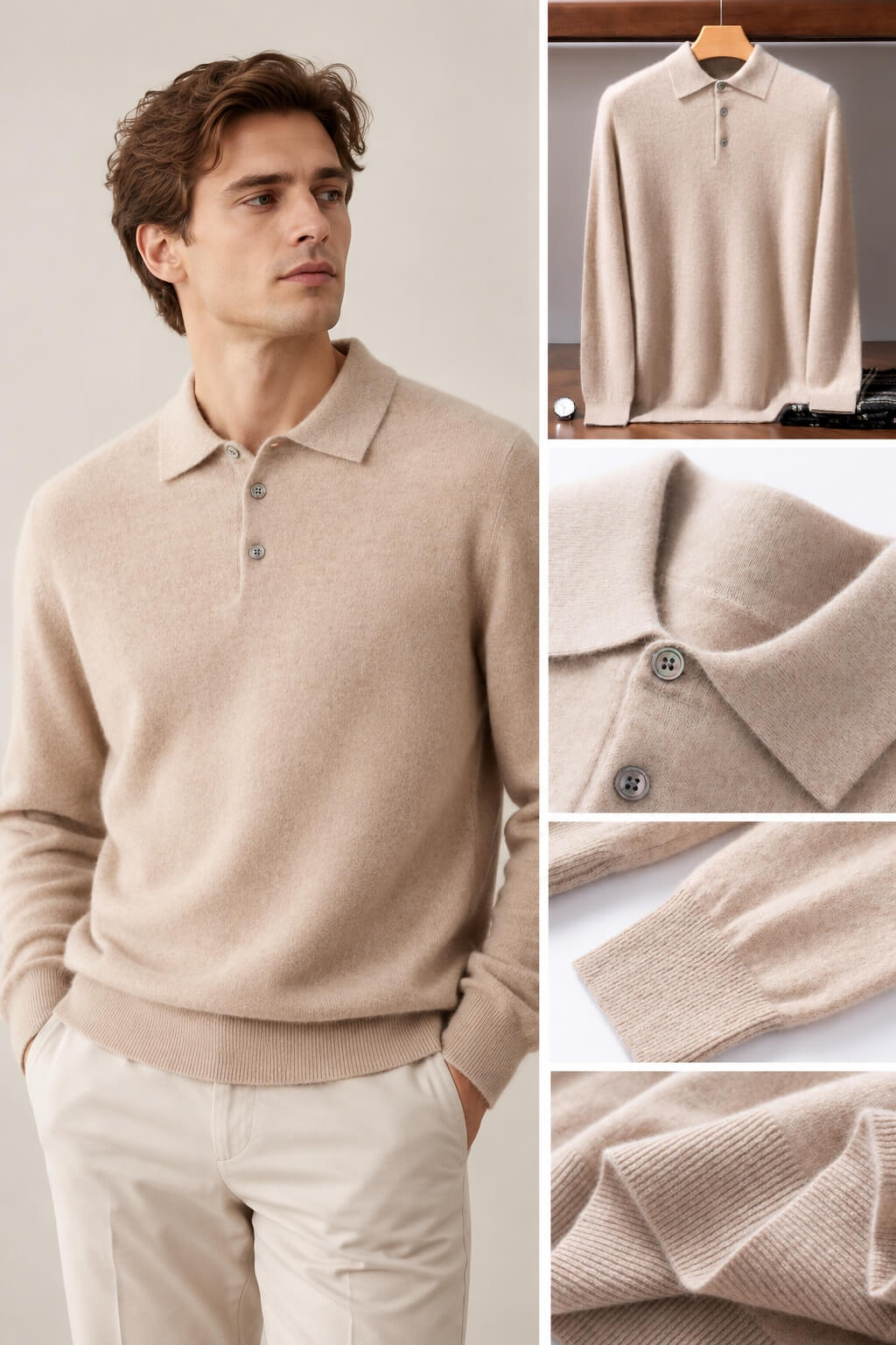 Men's 100% Pure Cashmere Polo Sweater – Double-Strand Knit Pullover | Avelorie