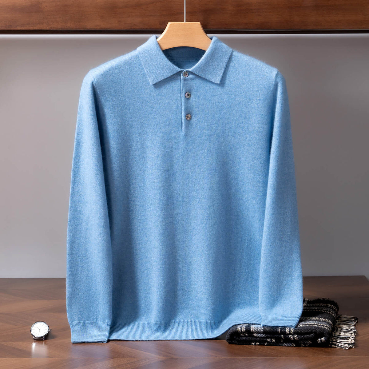 Men's 100% Pure Cashmere Polo Sweater – Double-Strand Knit Pullover | Avelorie