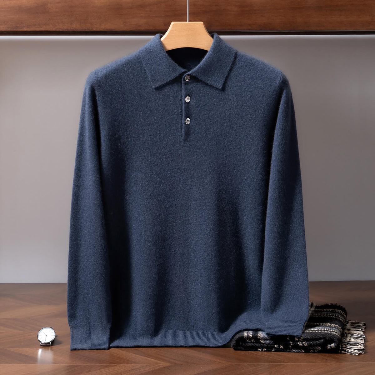 Men's 100% Pure Cashmere Polo Sweater – Double-Strand Knit Pullover | Avelorie