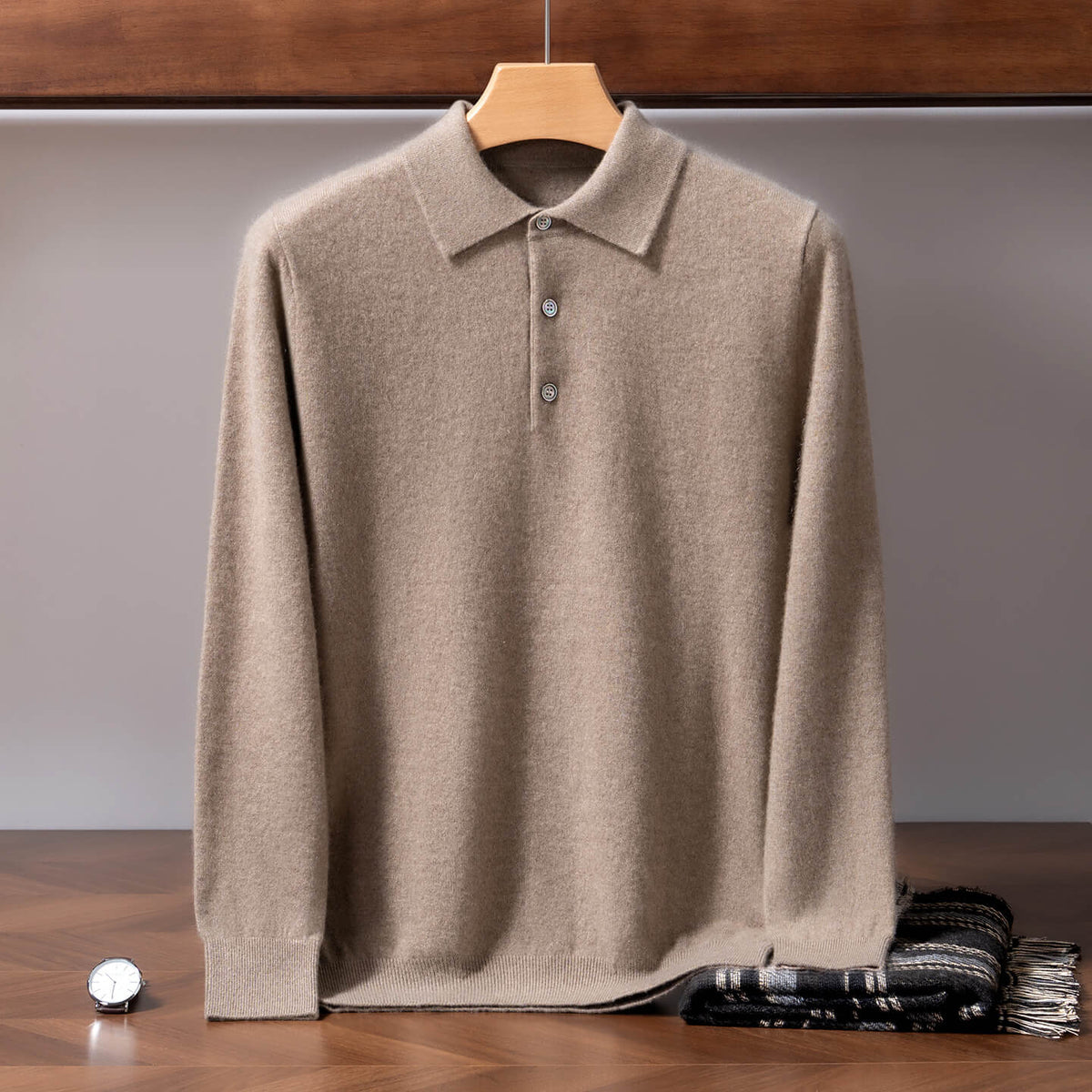 Men's 100% Pure Cashmere Polo Sweater – Double-Strand Knit Pullover | Avelorie