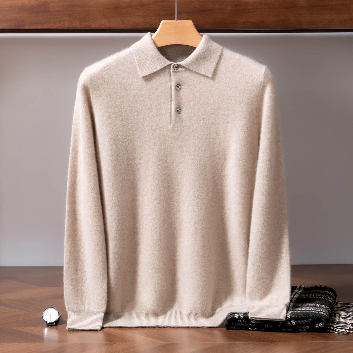 Men's 100% Pure Cashmere Polo Sweater – Double-Strand Knit Pullover | Avelorie