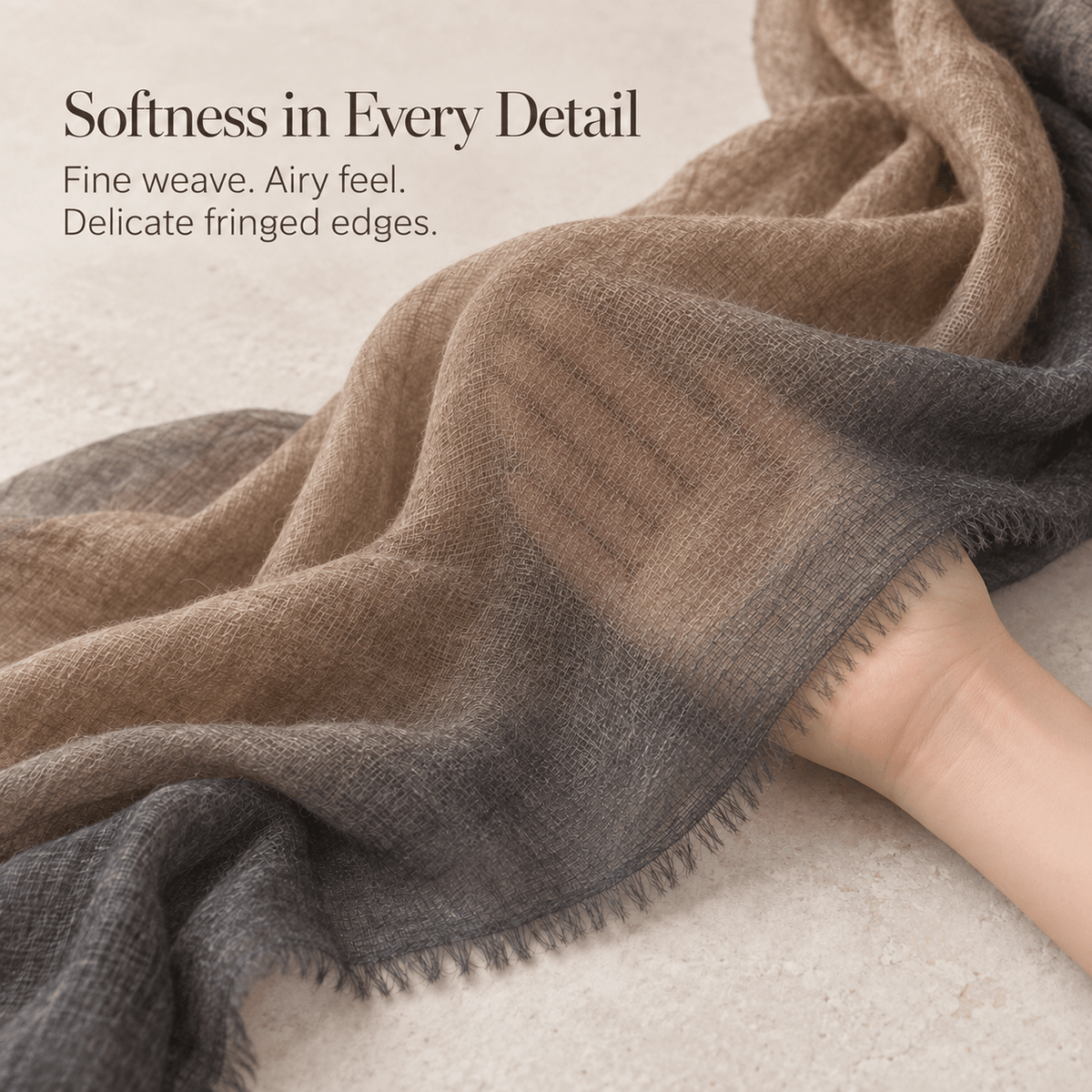 Smoky Taupe Ombré 100% Ultra-Fine Cashmere Scarf Shawl – Lightweight Oversized Wrap for Year-Round Wear | Avelorie