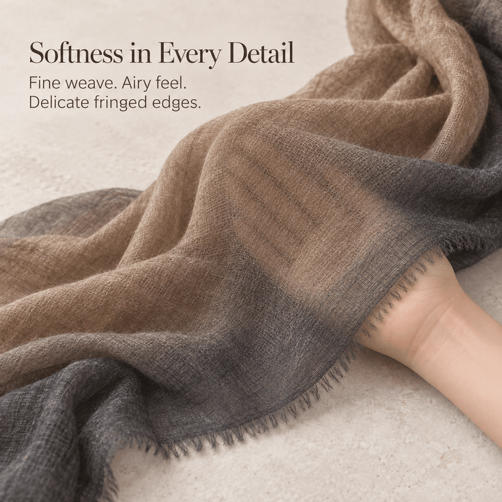 Smoky Taupe Ombré 100% Ultra-Fine Cashmere Scarf Shawl – Lightweight Oversized Wrap for Year-Round Wear | Avelorie