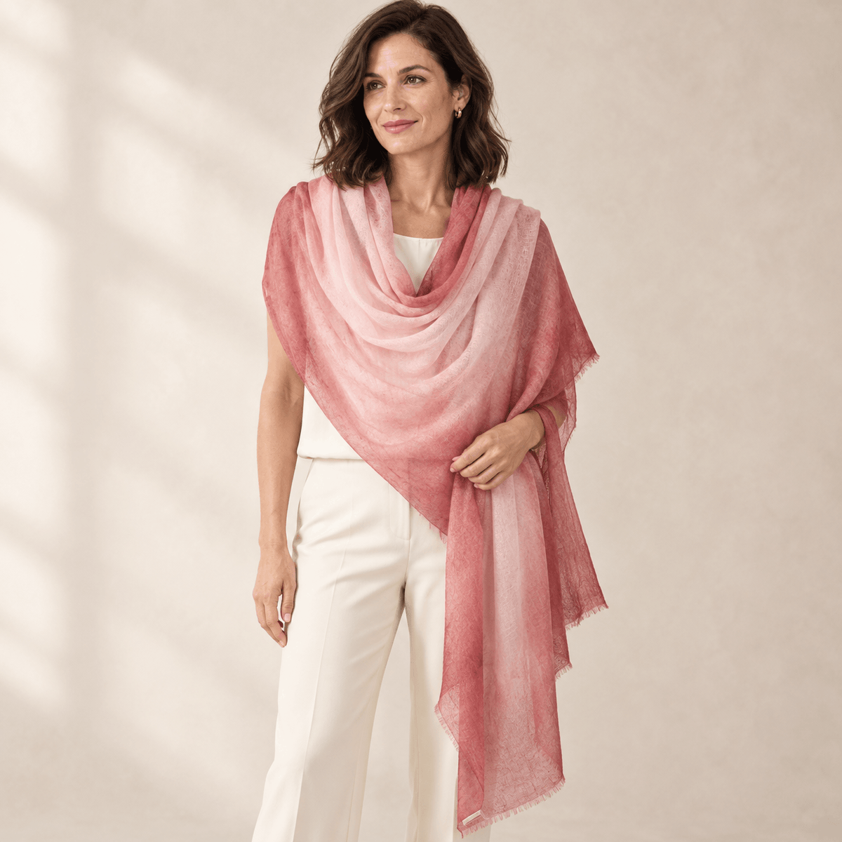 Vintage Rosewood Ombré 100% Ultra-Fine Cashmere Scarf Shawl – Lightweight Oversized Wrap for Year-Round Wear | Avelorie