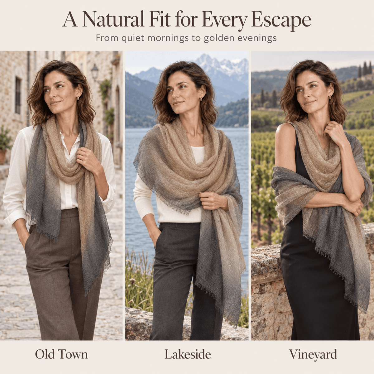 Smoky Taupe Ombré 100% Ultra-Fine Cashmere Scarf Shawl – Lightweight Oversized Wrap for Year-Round Wear | Avelorie