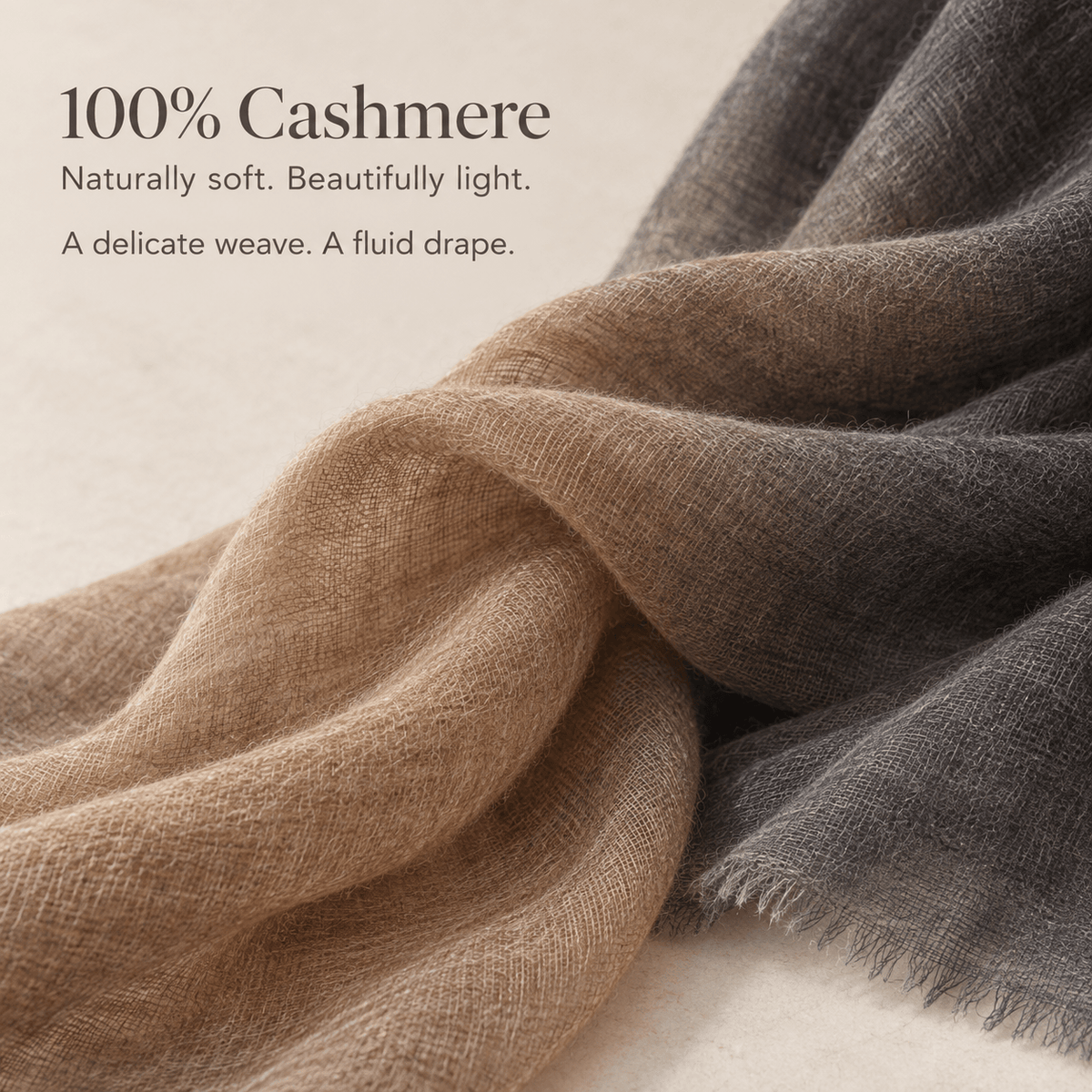 Smoky Taupe Ombré 100% Ultra-Fine Cashmere Scarf Shawl – Lightweight Oversized Wrap for Year-Round Wear | Avelorie