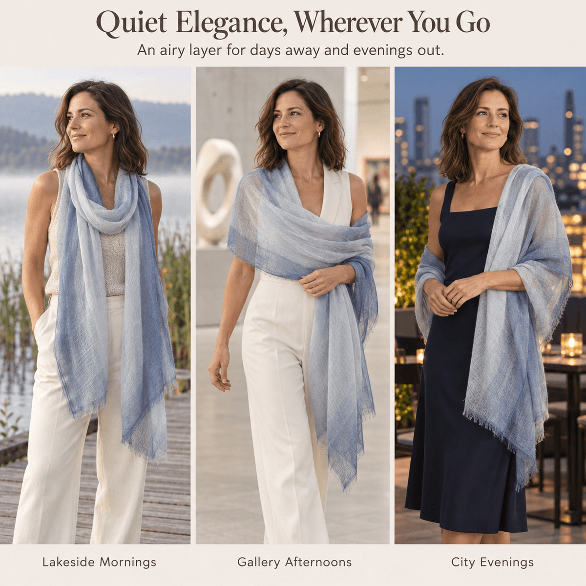 Misty Sky Ombré 100% Ultra-Fine Cashmere Scarf Shawl – Lightweight Oversized Wrap for Year-Round Wear