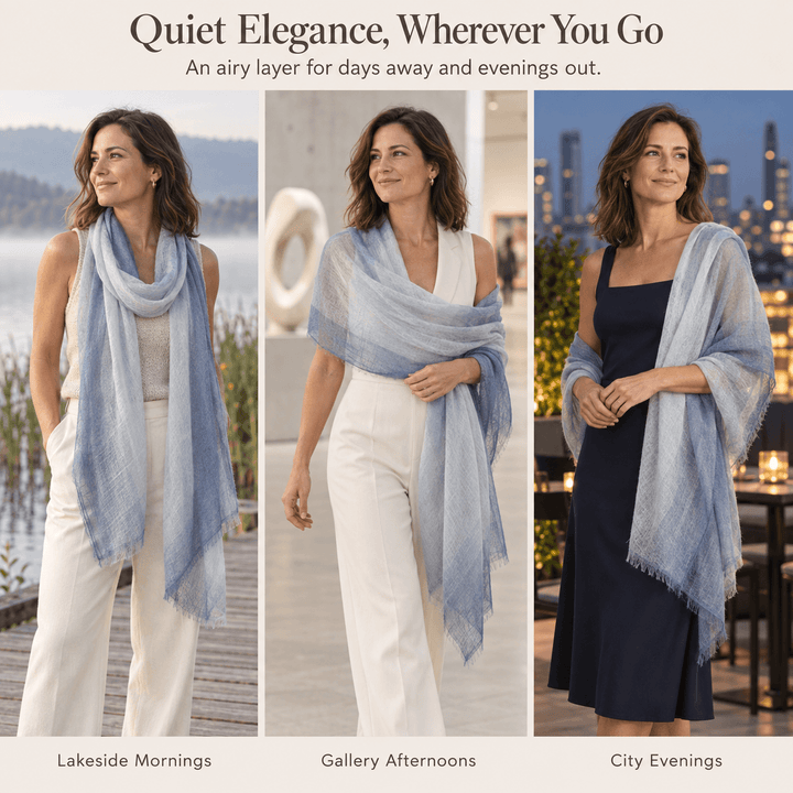 Misty Sky Ombré 100% Ultra-Fine Cashmere Scarf Shawl – Lightweight Oversized Wrap for Year-Round Wear
