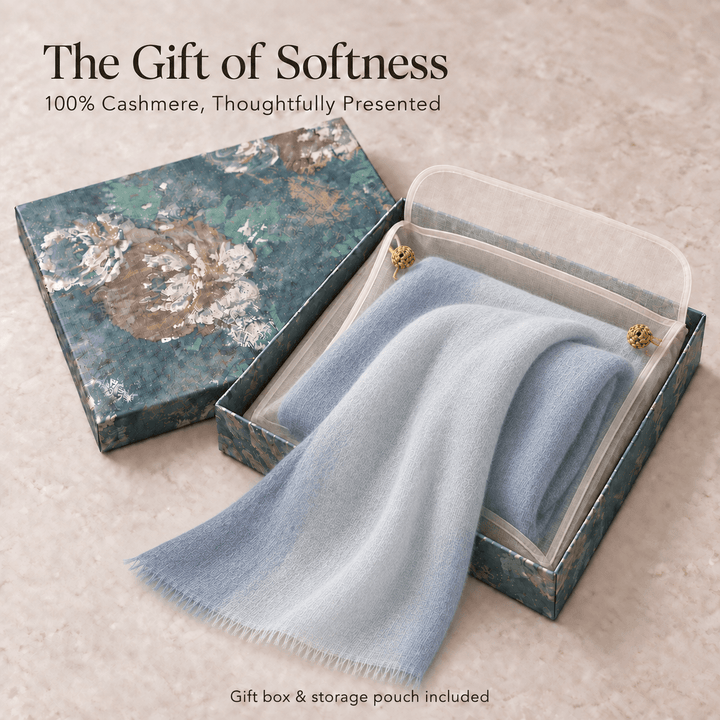 Misty Sky Ombré 100% Ultra-Fine Cashmere Scarf Shawl – Lightweight Oversized Wrap for Year-Round Wear