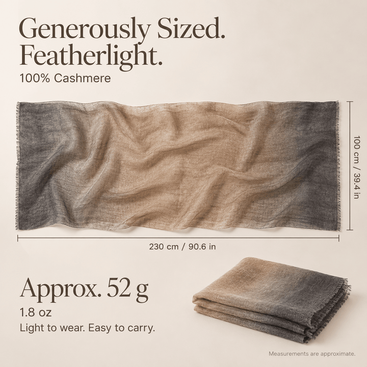Smoky Taupe Ombré 100% Ultra-Fine Cashmere Scarf Shawl – Lightweight Oversized Wrap for Year-Round Wear | Avelorie
