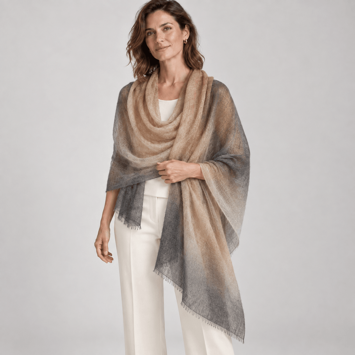 Smoky Taupe Ombré 100% Ultra-Fine Cashmere Scarf Shawl – Lightweight Oversized Wrap for Year-Round Wear | Avelorie